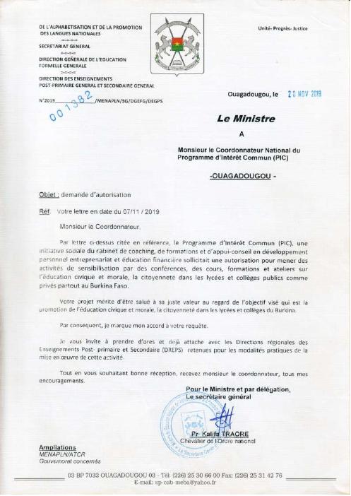 Lettre d'autorisation du MENAPLN, 20 novembre 2019