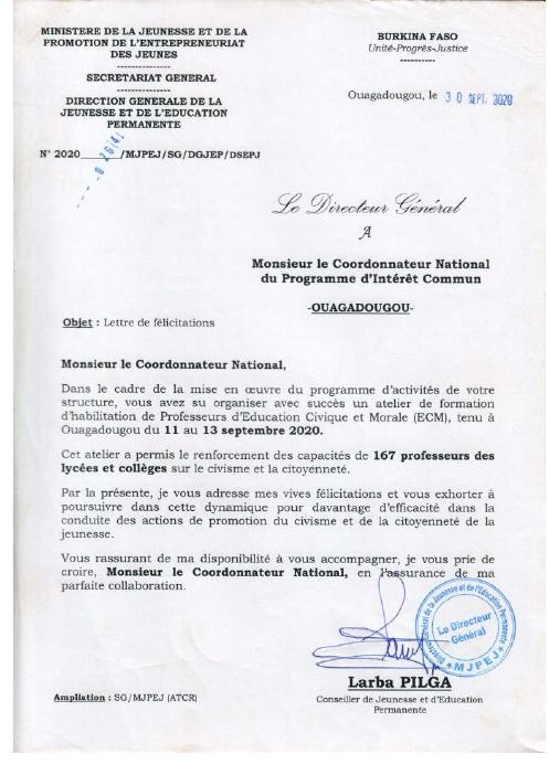 Lettre de félicitations du MJPEJ, 30 septembre 2020